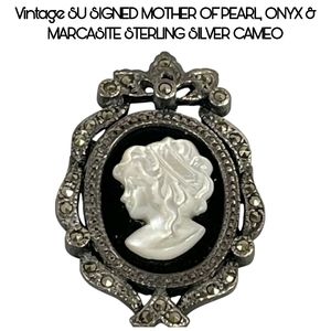 SU STERLING SILVER CAMEO MOP ONYX PIN PENDANT NECKKACE MARCASITE 👀 Read!!
